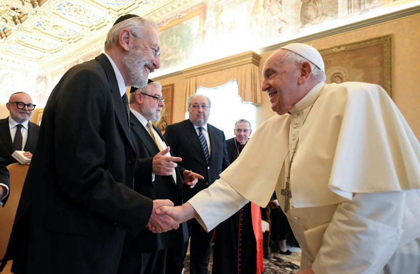  Pope Francis meets with the delegation of the Conference of European Rabbis at the Vatican, November 6, 2023. (credit: Vatican Media/­Handout via REUTERS)