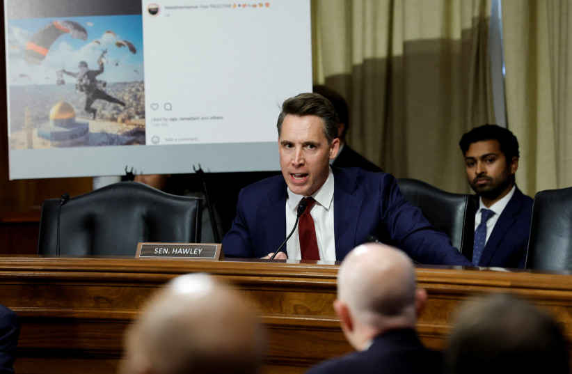 US Senator Josh Hawley (R-MO) questions U.S. Homeland Security Secretary Alejandro Mayorkas about social media posts regarding the Israel-Hamas war he identified as being made by a DHS emloyee, during a Senate Homeland Security and Governmental Affairs Committee hearing on threats to the United St (credit: REUTERS / JONATHAN ERNST)