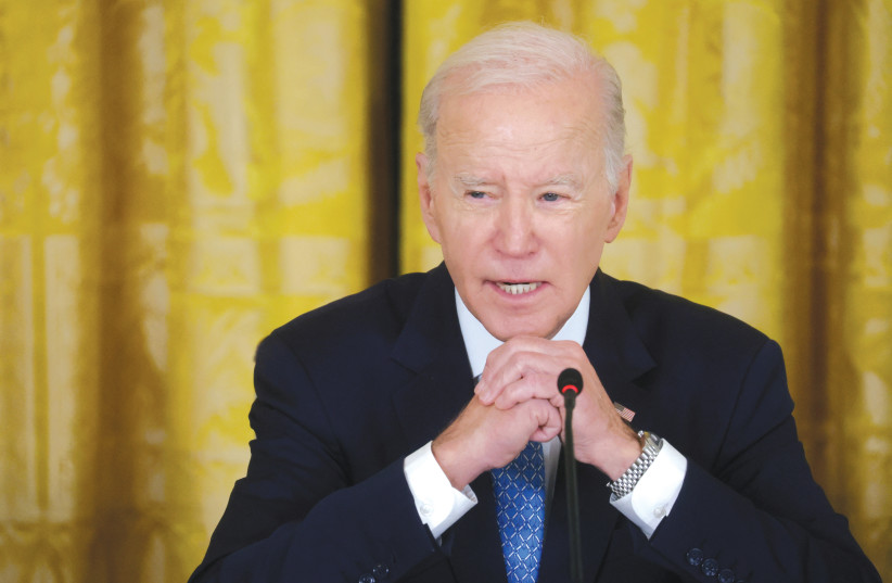   US PRESIDENT Joe Biden hosts an event at the White House last week. Despite the horrific October 7 pogroms, Biden continues to push for the establishment of a sovereign Palestinian state, the writer notes. (credit: LEAH MILLIS/REUTERS)
