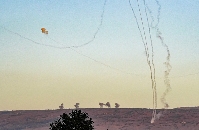 An Israeli air defense system intercept rockets fired from Lebanon as it seen from the Israeli side of the border, on November 7, 2023.  (credit: AYAL MARGOLIN/FLASH90)