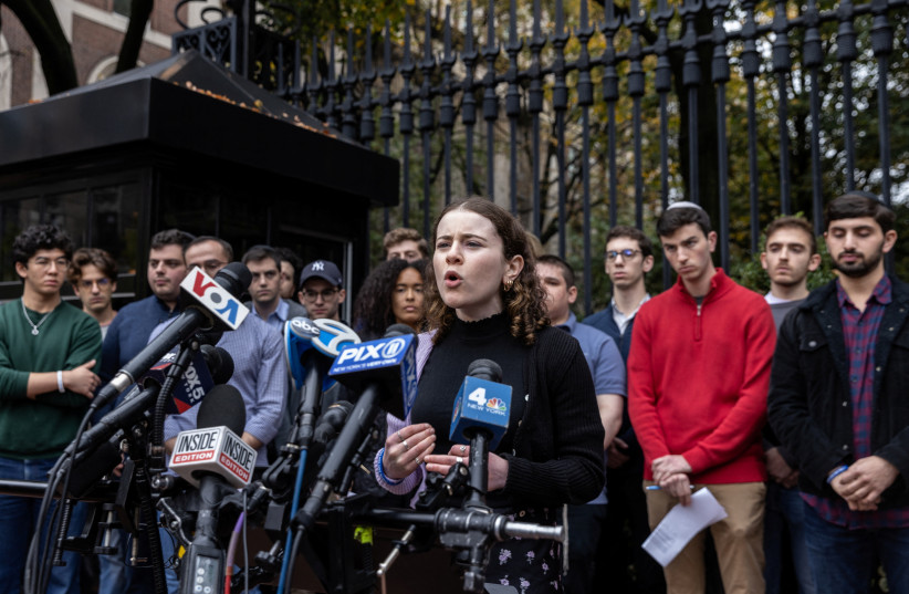  Columbia University student Jessie Brenner, class of 2026, speaks to members of the media during a press conference calling for the University's administration to support students facing antisemitism, in New York, U.S., October 30, 2023.  (credit: REUTERS/JEENAH MOON)