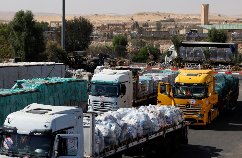  Trucks loaded with humanitarian supplies bound for Gaza wait, as trucks are inspected by Israel, amid the ongoing conflict between Israel and Palestinian Islamist group Hamas, at the Nitzana border crossing in Israel November 9, 2023. (credit: REUTERS/EVELYN HOCKSTEIN)