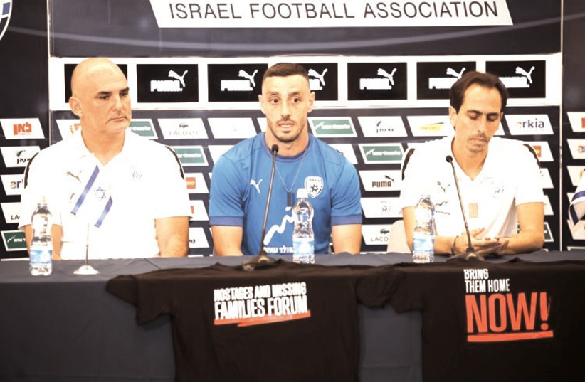  ISRAEL COACH Alon Hazan (left), midfielder Neta Lavi (middle) and Sports Director Yossi Benayoun speak ahead of the upcoming set of Group I Euro 2024 qualifiers. (credit: IFA/Courtesy)