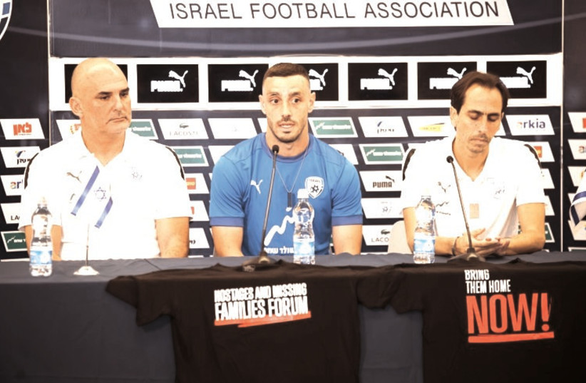 ISRAEL COACH Alon Hazan (left), midfielder Neta Lavi (middle) and Sports Director Yossi Benayoun speak ahead of the upcoming set of Group I Euro 2024 qualifiers.