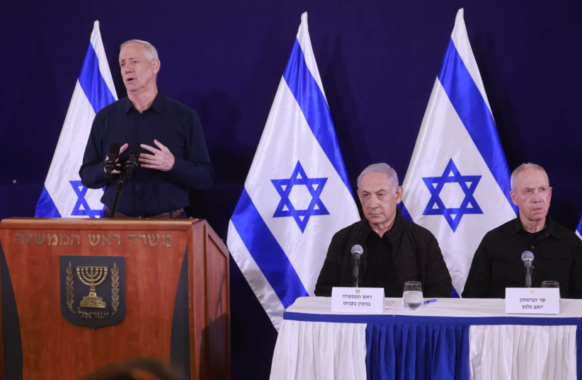 National Unity Party Leader Benny Gantz speaking at a press conference in Tel Aviv on the current Israel-Hamas war November 11, 2023. (credit: MARC ISRAEL SELLEM/THE JERUSALEM POST)
