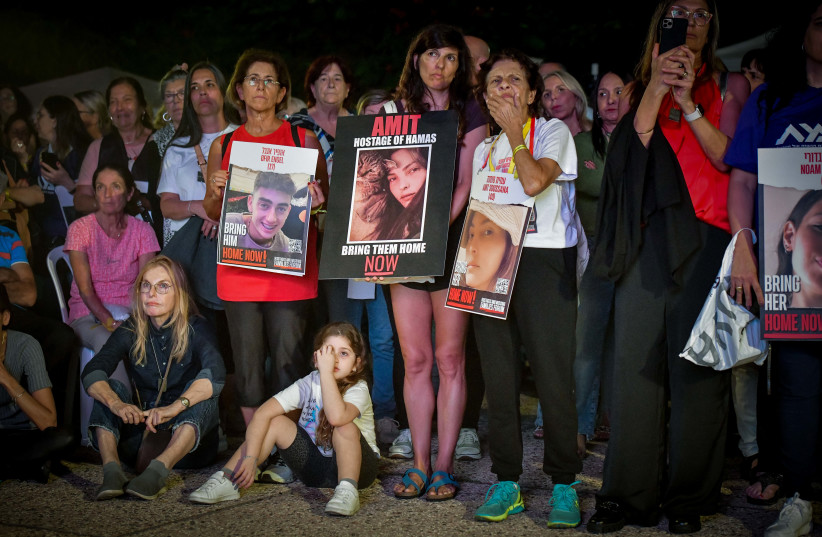  Women attend a rally calling for the release of Israelis held kidnapped by Hamas terrorists in Gaza, at ''Hostage Square'' in Tel Aviv, November 12, 2023. (credit: AVSHALOM SASSONI/FLASH90)