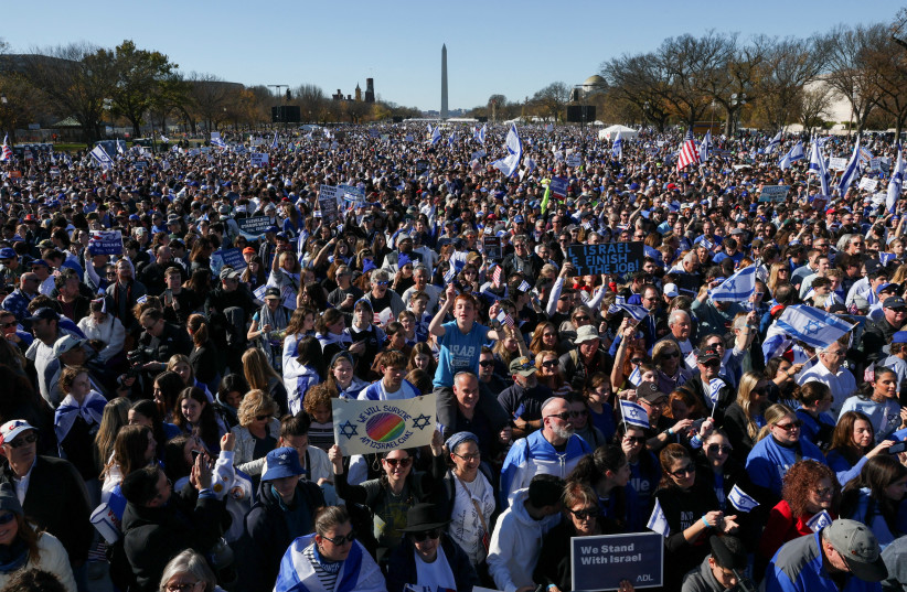  Israeli Americans and supporters of Israel gather in solidarity with Israel and protest against antisemitism, amid the ongoing conflict between Israel and the Palestinian group Hamas, during a rally on the National Mall in Washington, U.S, November 14, 2023. (credit: REUTERS/Elizabeth Franz)