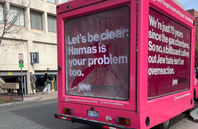  The vandalized billboard truck operated by JewBelong. (credit: @FIVELUCKYFINGERS/Instagram)