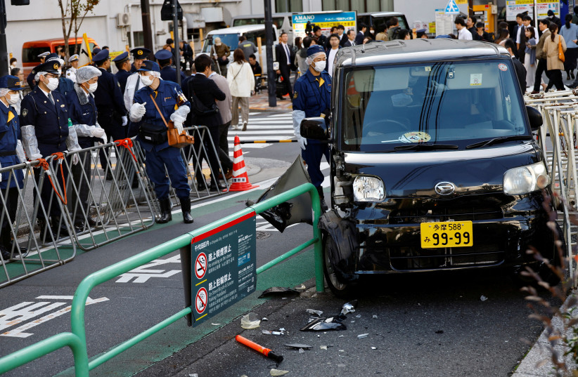A view of the scene after a car crashed into a barricade near the Israeli embassy in Tokyo, Japan, November 16, 2023. (credit: REUTERS/KIM KYUNG-HOON)