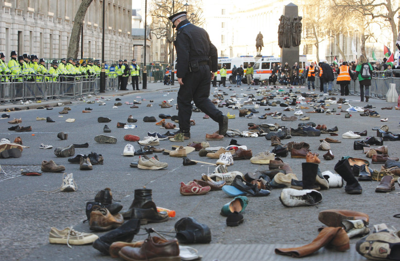  PRO-PALESTINIAN activity in the UK –where Hecht and Lerner hail from – goes back a long time: Shoes thrown in front of Downing Street in protest of the aerial bombardment of Gaza by Israel, in London, Jan. 2009. (credit: OLI SCARFF/GETTY IMAGES)