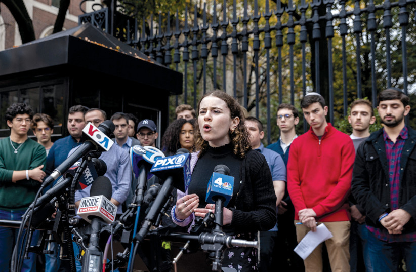 Columbia University student Jessie Brenner speaks at a press conference calling for the university’s administration to support students facing antisemitism, in New York on October 30.  (credit: JEENAH MOON/REUTERS)
