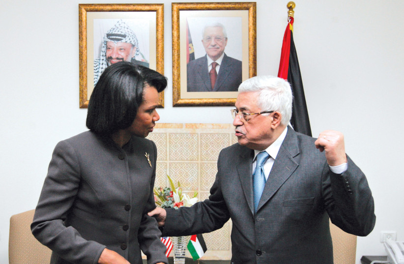  Secretary of state Condoleezza Rice meets PA President Mahmoud Abbas in Ramallah on November 7, 2008.  (credit: Tara Todras-Whitehill/Pool/Reuters)