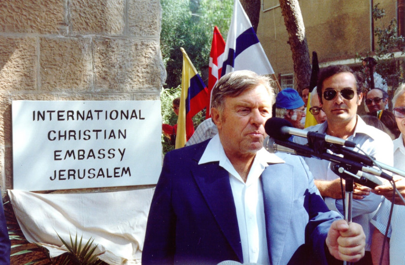 Jerusalem Mayor Teddy Kollek speaks at the opening of the International Christian Embassy Jerusalem in 1980. (credit: ICEJ)