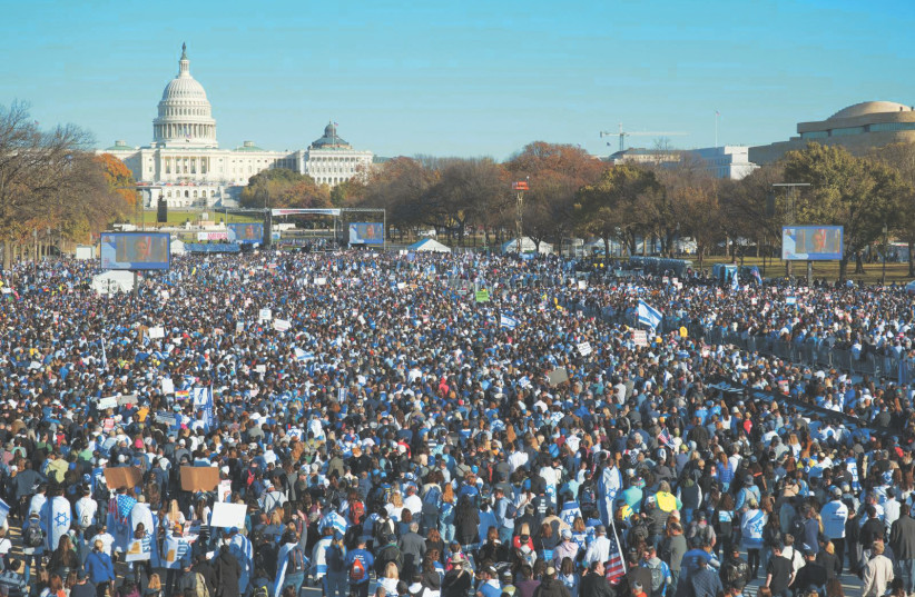  HUNDREDS OF thousands rally in solidarity with Israel, in Washington, Nov. 14  (credit: PERRY BINDELGLASS/THE JERUSALEM POST)