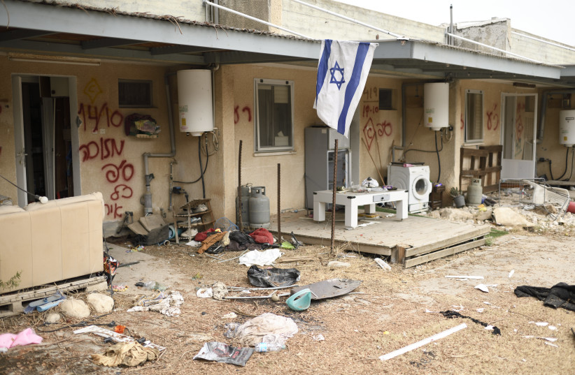  The aftermath of Hamas attack on Kibbutz Kfar Aza, one of the hardest-hit communities in the October 7 onslaught by Hamas, on October 27, 2023.  (credit: GILI YAARI/FLASH90)