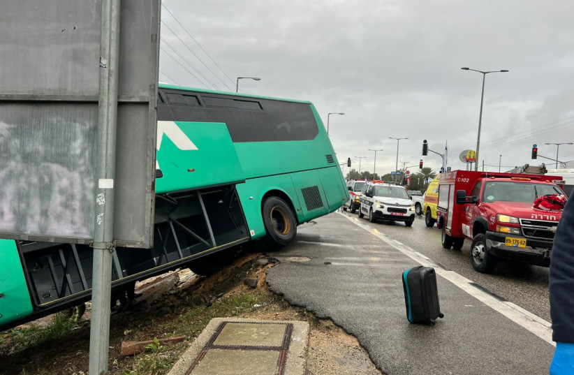  A bus near Kibbutz Gan Shmuel in northern Israel veered off the side of the road. November 19, 2023. (credit: MAGEN DAVID ADOM)