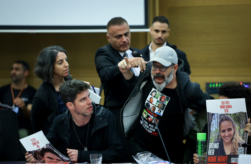 Israelis whose family members are being held abducted by Hamas terrorists in Gaza since Oct 7, react as they attend a National Security committee meeting in the Israeli parliament on  November 20, 2023 (credit: YONATAN SINDEL/FLASH90)