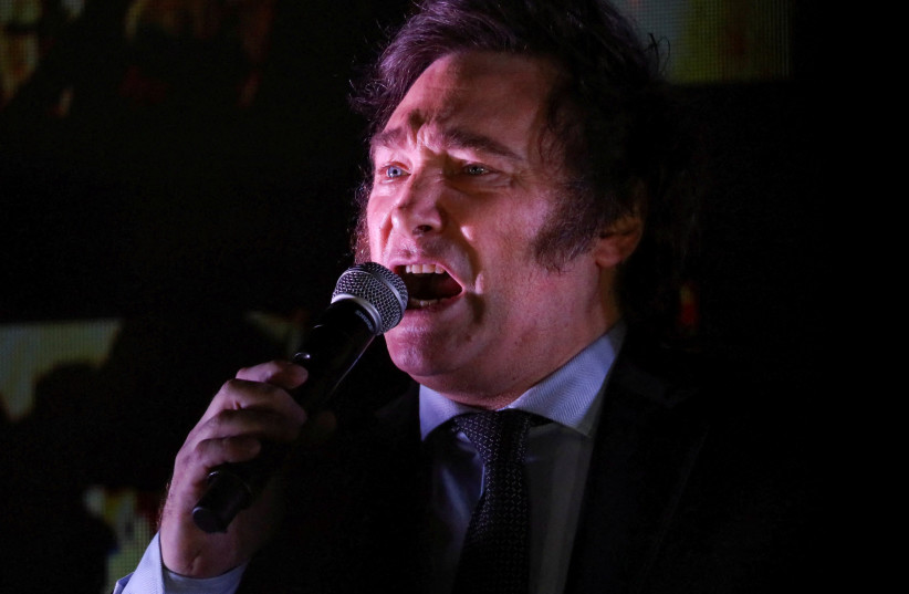 FILE PHOTO: Argentine president-elect Javier Milei addresses supporters after winning Argentina's runoff presidential election, in Buenos Aires, Argentina November 19, 2023.
