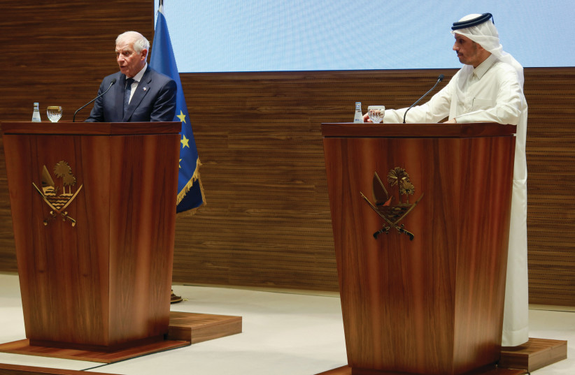 Qatar's Prime Minister and Foreign Minister Sheikh Mohammad bin Jassim Al Thani holds a joint news conference with EU foreign policy chief Josep Borrell in Doha this week. (credit: Imad Creidi/Reuters)