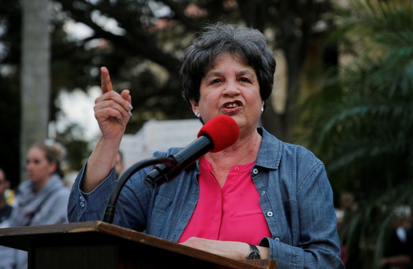  U.S. Rep. Lois Frankel (D-FL) speaks to Protesters at a Call To Action Against Gun Violence rally by the Interfaith Justice League and others in Delray Beach, Florida, U.S. February 19, 2018. (credit: REUTERS/JOE SKIPPER)