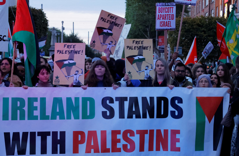  Demonstrators rally during a 'Stand with Palestine' protest in solidarity with Gaza, in Dublin, Ireland October 11, 2023 (credit: REUTERS/CLODAGH KILCOYNE)
