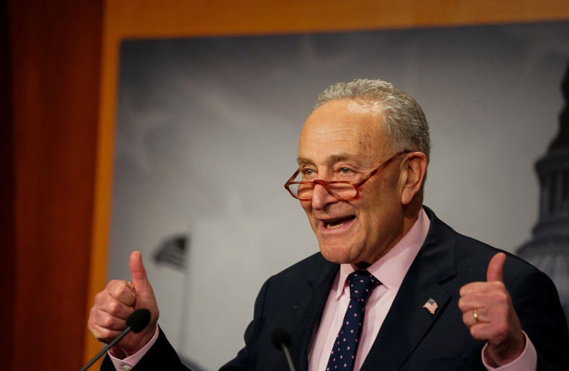  U.S. Senate Majority Leader Chuck Schumer (D-NY) holds a press conference after the Senate passed a continuing resolution to avoid a shutdown of the federal government, in Washington, U.S., November 15, 2023. (credit: REUTERS/ELIZABETH FRANTZ)