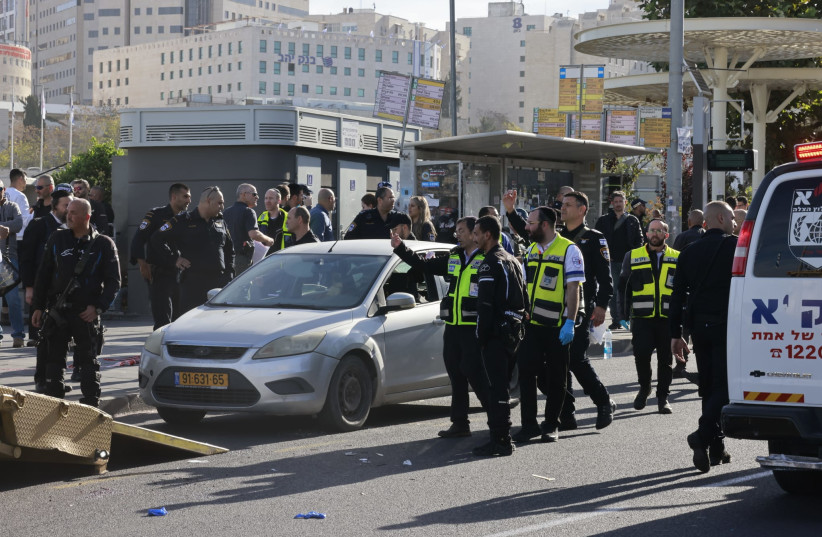  The scene of a shooting attack near the entrance to Jerusalem. November 30, 2023 (credit: MARC ISRAEL SELLEM)