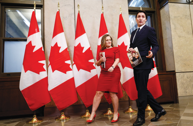  CANADIAN PRIME MINISTER Justin Trudeau and Deputy Prime Minister Chrystia Freeland in Ottawa last month. Trudeau accused Israel of the ‘killing of women, of children, of babies. This has to stop’ at a news conference in British Columbia. (credit: REUTERS/BLAIR GABLE)