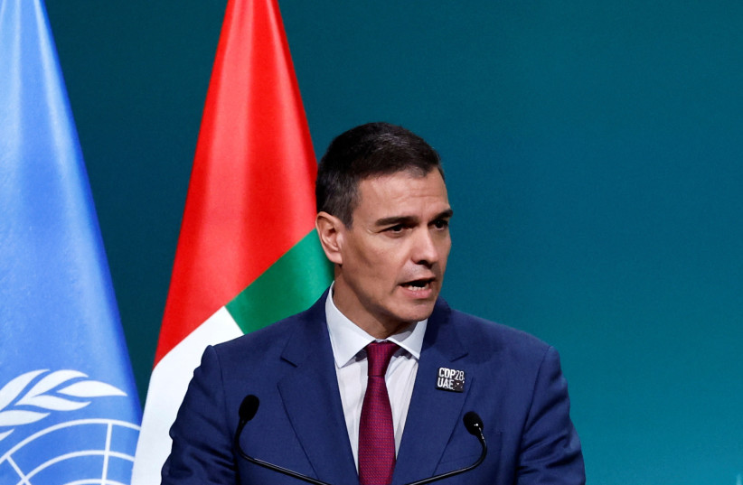 Spain's Prime Minister Pedro Sanchez delivers a national statement at the World Climate Action Summit during the United Nations Climate Change Conference (COP28) in Dubai, United Arab Emirates, December 1, 2023.  (credit: THAIER AL-SUDANI/REUTERS)