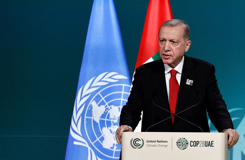  Turkish President Tayyip Erdogan delivers a national statement at the World Climate Action Summit during the United Nations Climate Change Conference (COP28) in Dubai, United Arab Emirates, December 1, 2023. (credit: REUTERS/THAIER AL-SUDANI)