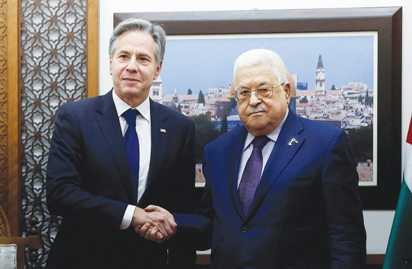  US Secretary of State Antony Blinken meets with Palestine Authority head Mahmoud Abbas in Ramallah last month. (credit: JONATHAN ERNST/REUTERS)