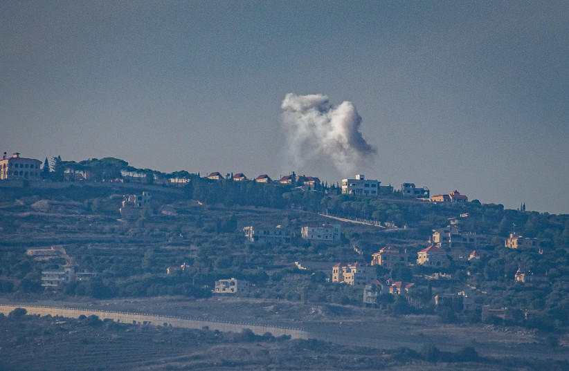  Smoke rises during an exchange of fire between the IDF and terrorists from the Hezbollah organization on the border between Israel and Lebanon, December 3, 2023. (credit: AYAL MARGOLIN/FLASH90)