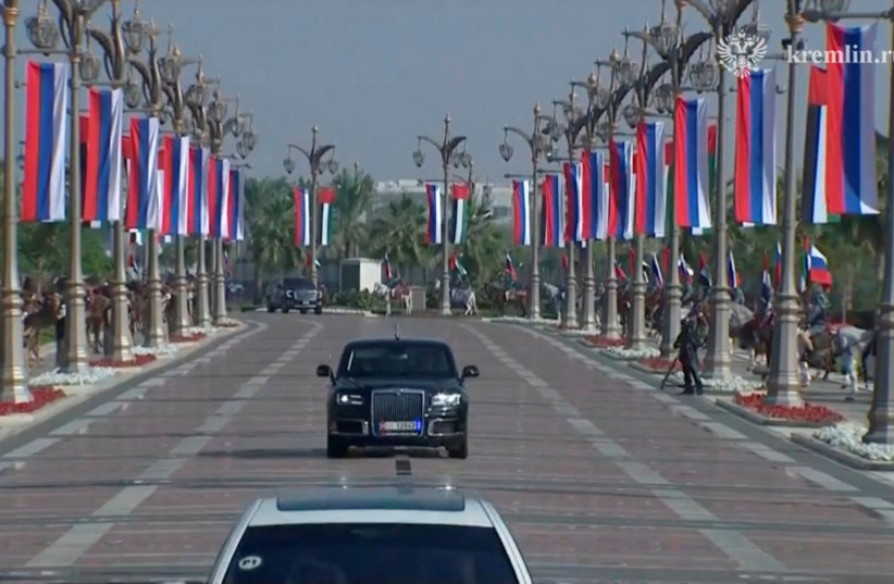  A limousine carrying Russian President Vladimir Putin arrives at Qasr Al Watan, in Abu Dhabi, United Arab Emirates December 6, 2023, in this still image taken from video (credit: KREMLIN.RU/HANDOUT VIA REUTERS)