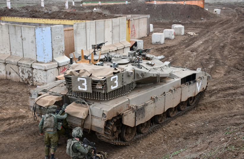  IDF soldiers of the Alexandroni Brigade and 8th Armored Brigade train in the Golan Heights, December 2023 (credit: SETH J. FRANTZMAN)