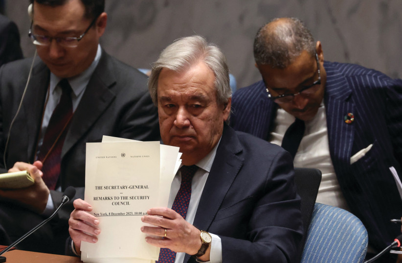  UN SECRETARY-GENERAL Antonio Guterres finishes his address to the Security Council on Friday, regarding his invoking Article 99 of the UN Charter to address the Hamas-Israel war.  (credit: Shannon Stapleton/Reuters)