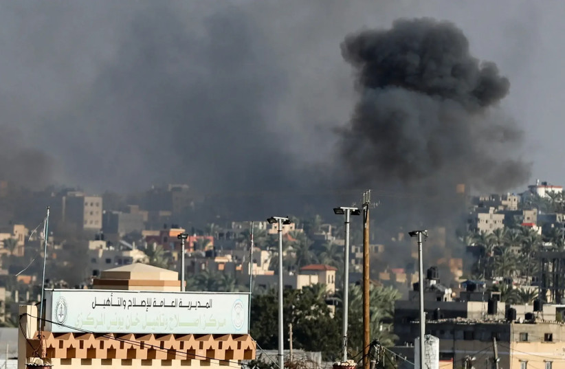  IDF carries out airstrikes in Khan Yunis, Gaza Strip, on December 10, 2023. (credit: IBRAHEEM ABU MUSTAFA/REUTERS)