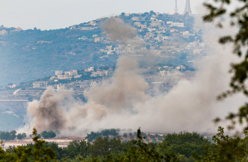  Smoke rises from areas in Lebanon during strikes by Israeli warplanes, October 9, 2023 (credit: David Cohen/Flash90)