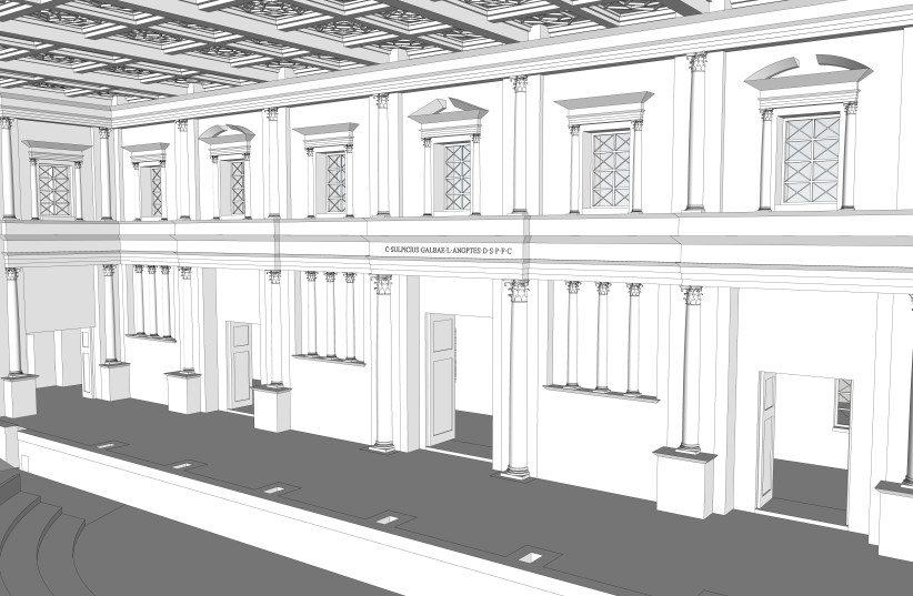  An artist's impression of the interior of the Interamna Lirenas theatre from the seating area, showing the scaena, the facade of the stage. (credit: Alessandro Launaro)