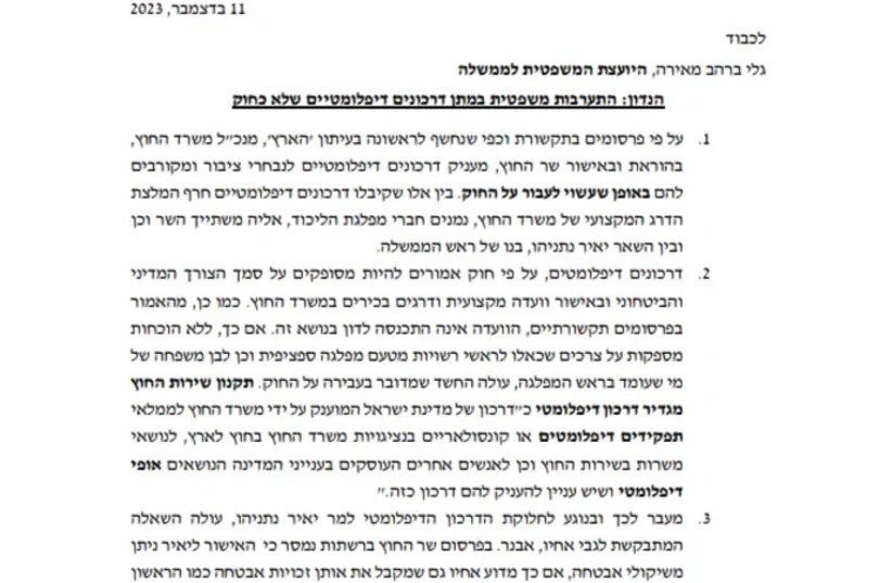  MK Naama Lazimi's letter to the Ombudsman regarding diplomatic passports for Likud members and Yair Netanyahu (credit: MK Naama Lazimi spokeswoman)
