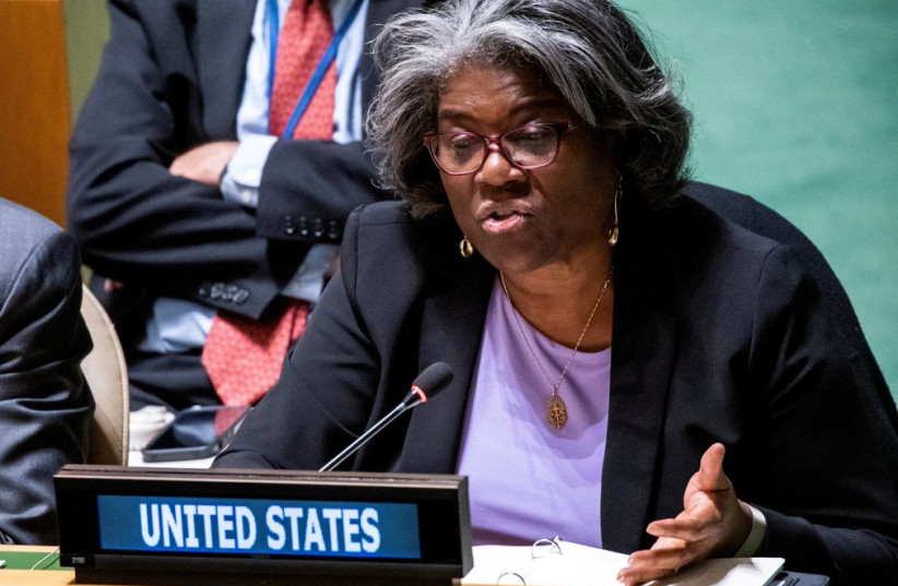  US ambassador to the UN Linda Thomas-Greenfield urges the United Nations General Assembly not to adopt the Gaza ceasefire resolution because it fails to condemn Hamas, December 12, 2023. (credit: REUTERS/EDUARDO MUNOZ)