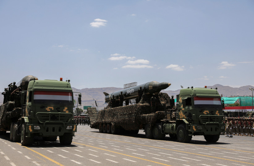  A view of ballistic missiles during a military parade held by the Houthis to mark the anniversary of their takeover in Sanaa, Yemen September 21, 2023. (credit: REUTERS/KHALED ABDULLAH)