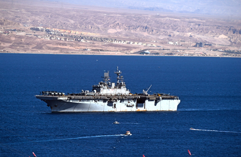  An American Navy ship seen in the red sea port of Eilat on June 8, 2021. (credit: FLASH90)