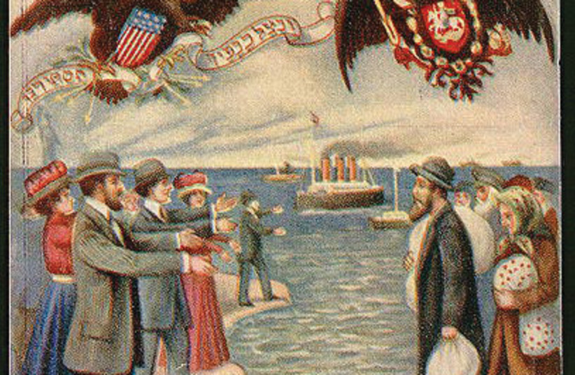 EARLY 20TH-century Rosh Hashanah greeting card depicts traditionally dressed Russian Jews under the Imperial Russian coat of arms, gazing across the ocean at their American relatives waiting for them with outstretched arms, under the American Eagle and flag. (credit: Wikimedia Commons)