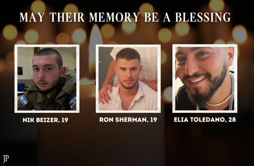  Israeli hostages Nik Beizer, Ron Sherman, Elia Toledano, whose bodies were brought back to Israel, December 15, 2023 (credit: JERUSALEM POST)