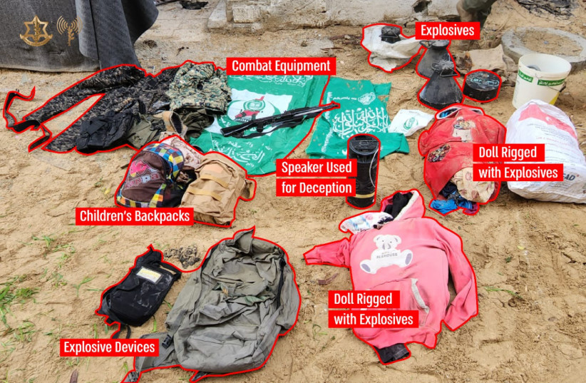  IDF documentation of dolls and children's backpacks that had been rigged with speakers an explosives to lure in IDF troops. December 15, 2023. (credit: IDF)