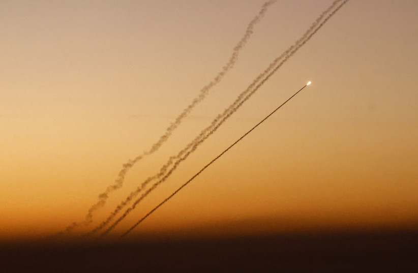 A rocket fired from Gaza heads towards Israel, at the Israeli-Gaza border, amid the ongoing conflict between Israel and the Palestinian Islamist group Hamas, as seen from Southern Israel, December 15, 2023.  (credit: CLODAGH KILCOYNE/REUTERS)
