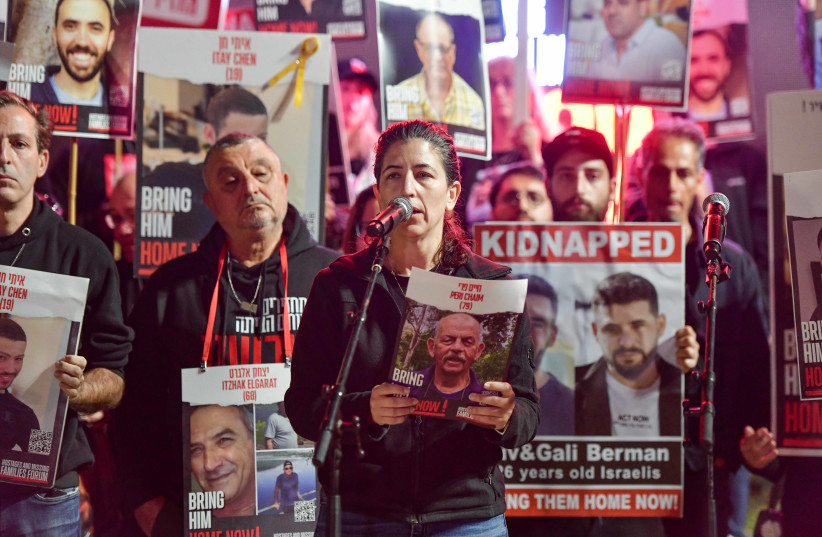  Families of Israelis held hostage by Hamas terrorists in Gaza hold a press conference at  ''Hostage Square'', outside the Art Museum of Tel Aviv, December 16, 2023. (credit: AVSHALOM SASSONI/FLASH90)