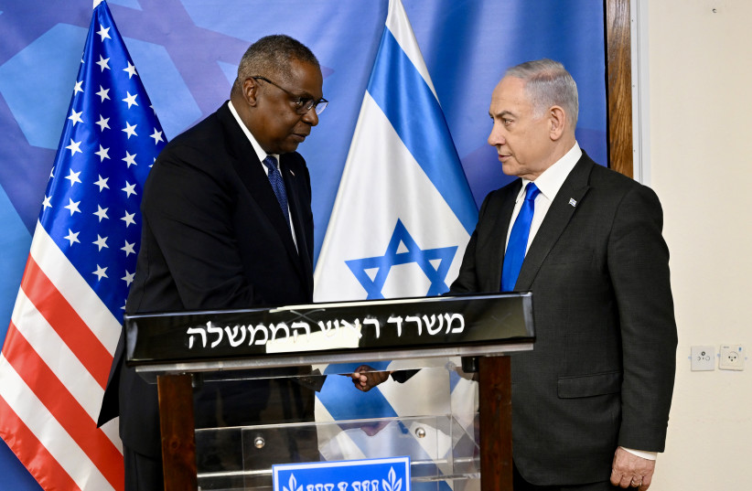  US Secretary of Defense Lloyd Austin meets Israeli Prime Minister Benjamin Netanyahu at the Kirya military base, December 18, 2023.   (credit: DAVID AZAGURY, US EMBASSY TEL AVIV)
