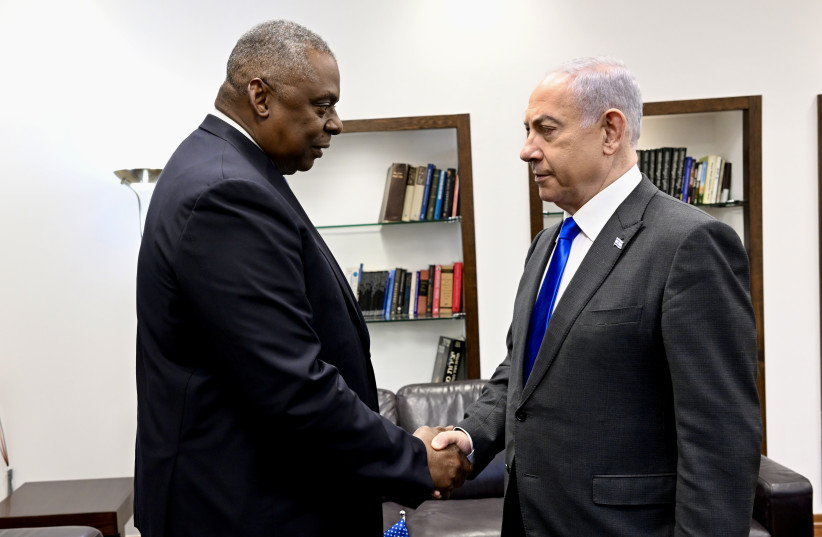  US Secretary of Defense Lloyd Austin meets Israeli Prime Minister Benjamin Netanyahu at the Kirya military base, December 18, 2023. (credit: DAVID AZAGURY, US EMBASSY TEL AVIV)