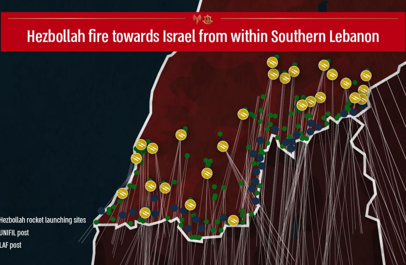 Map of Hezbollah fire toward Israel from within southern Lebanon. (credit: IDF)